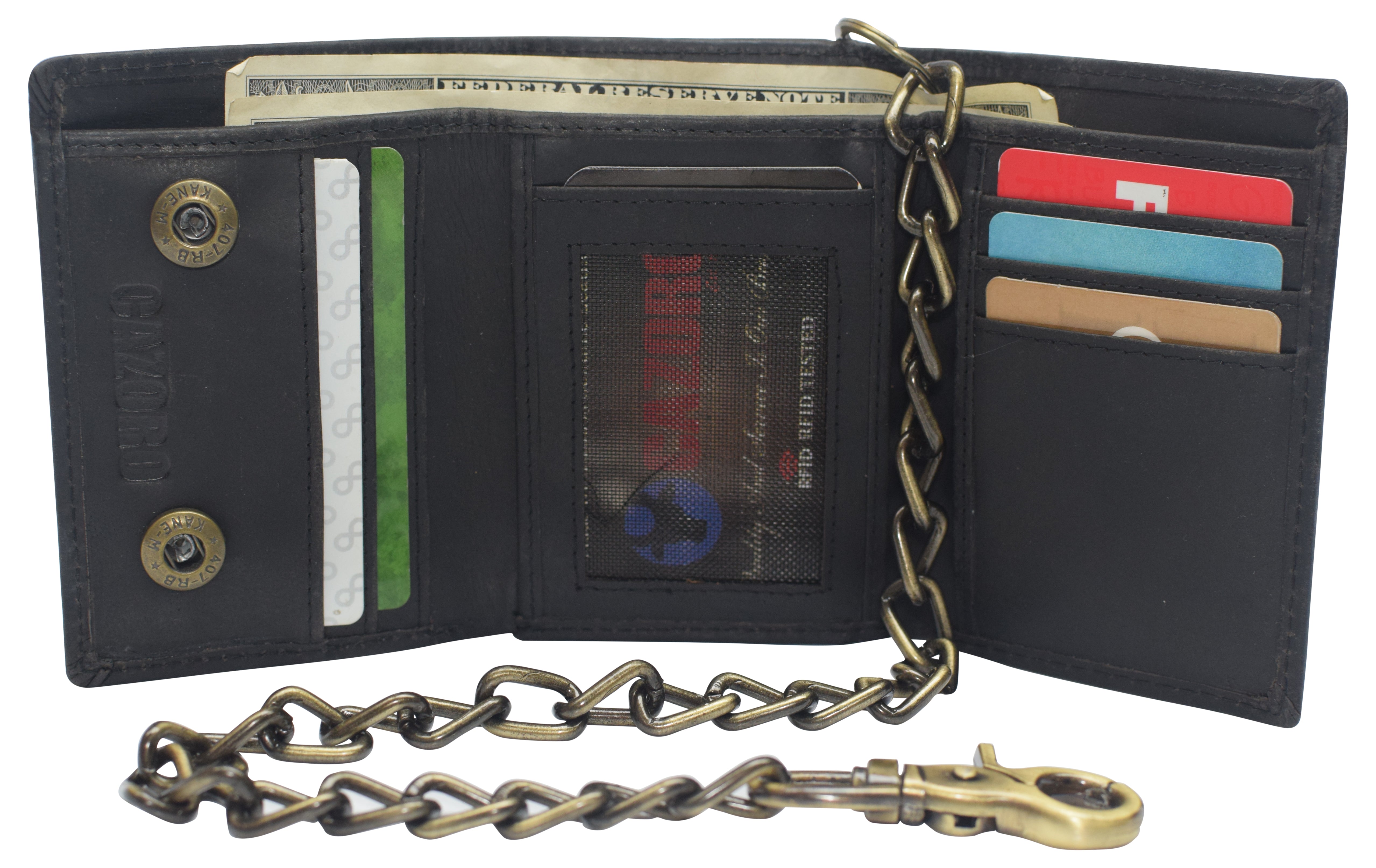 Chain Wallet for Men Trifold RFID safe Leather Snap Closed Stainless B