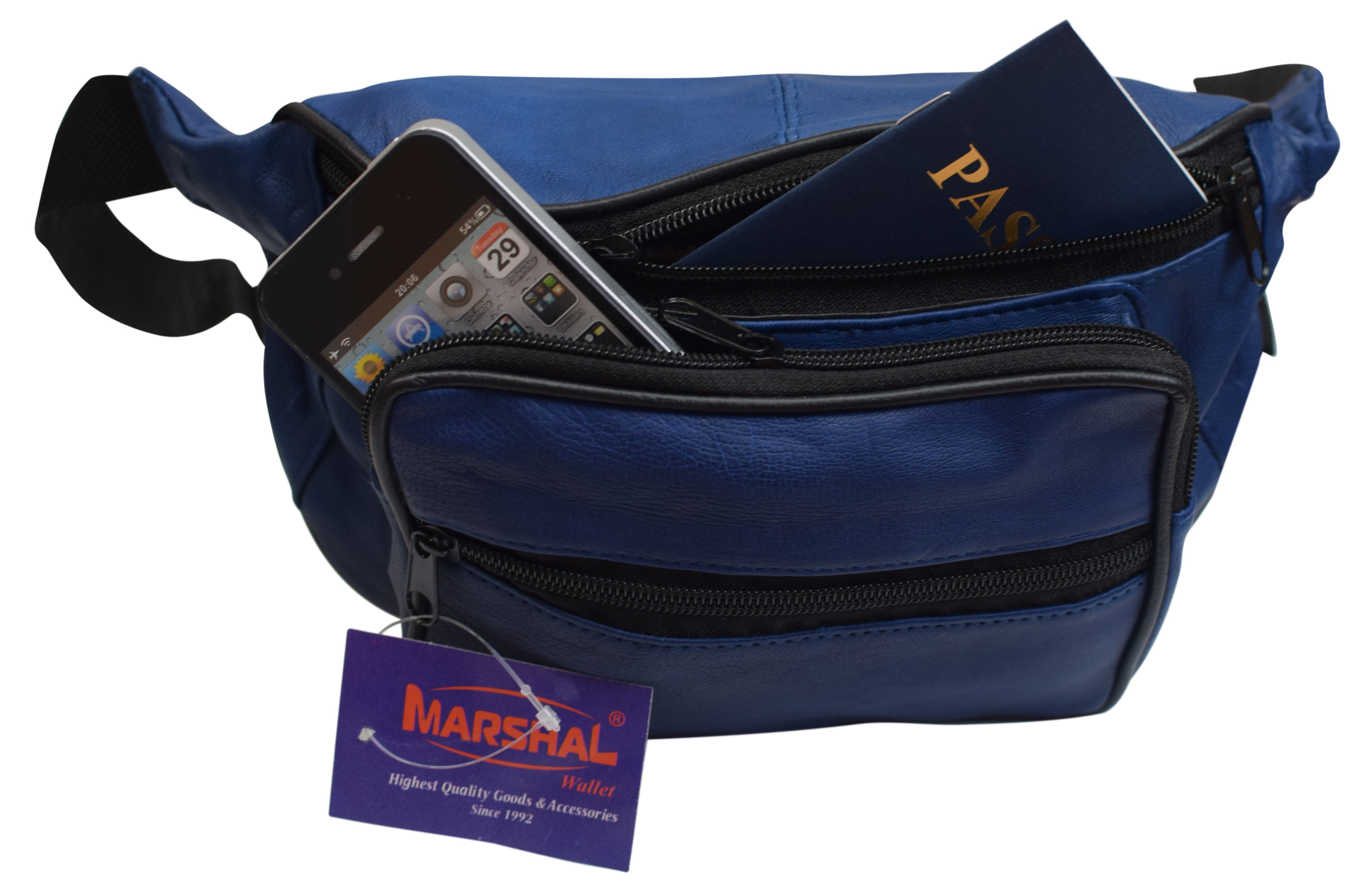 Marshal New Large Genuine Leather Waist Bag Fanny Pack with Two Cell Phone Pockets and Six Exterior Pockets