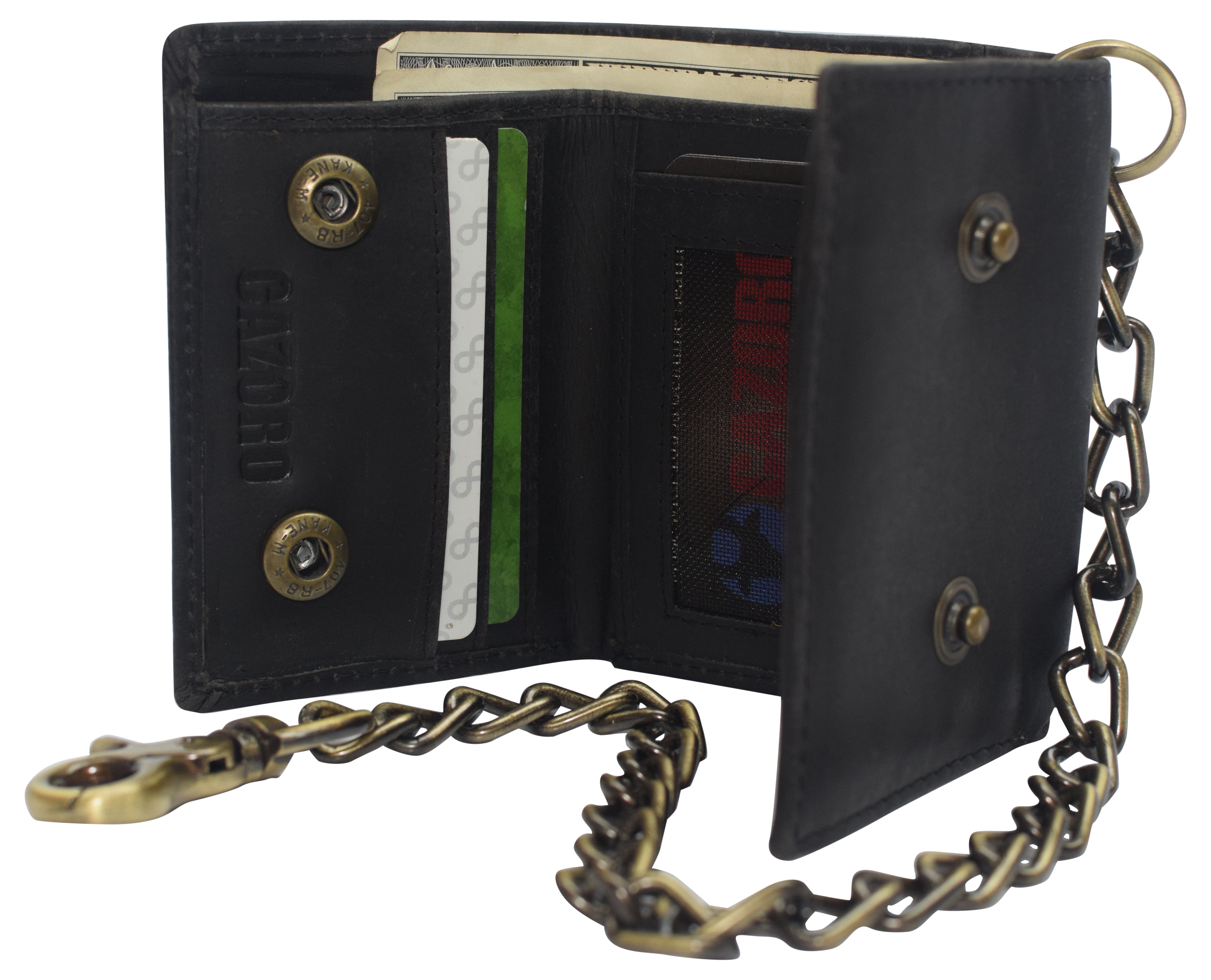 Juzar Tapal Collection Mens Biker Wallet with Chain RFID Leather Bifold Wallet with Chain Wallet Window ID Flip Up (Black 521 with Chain)