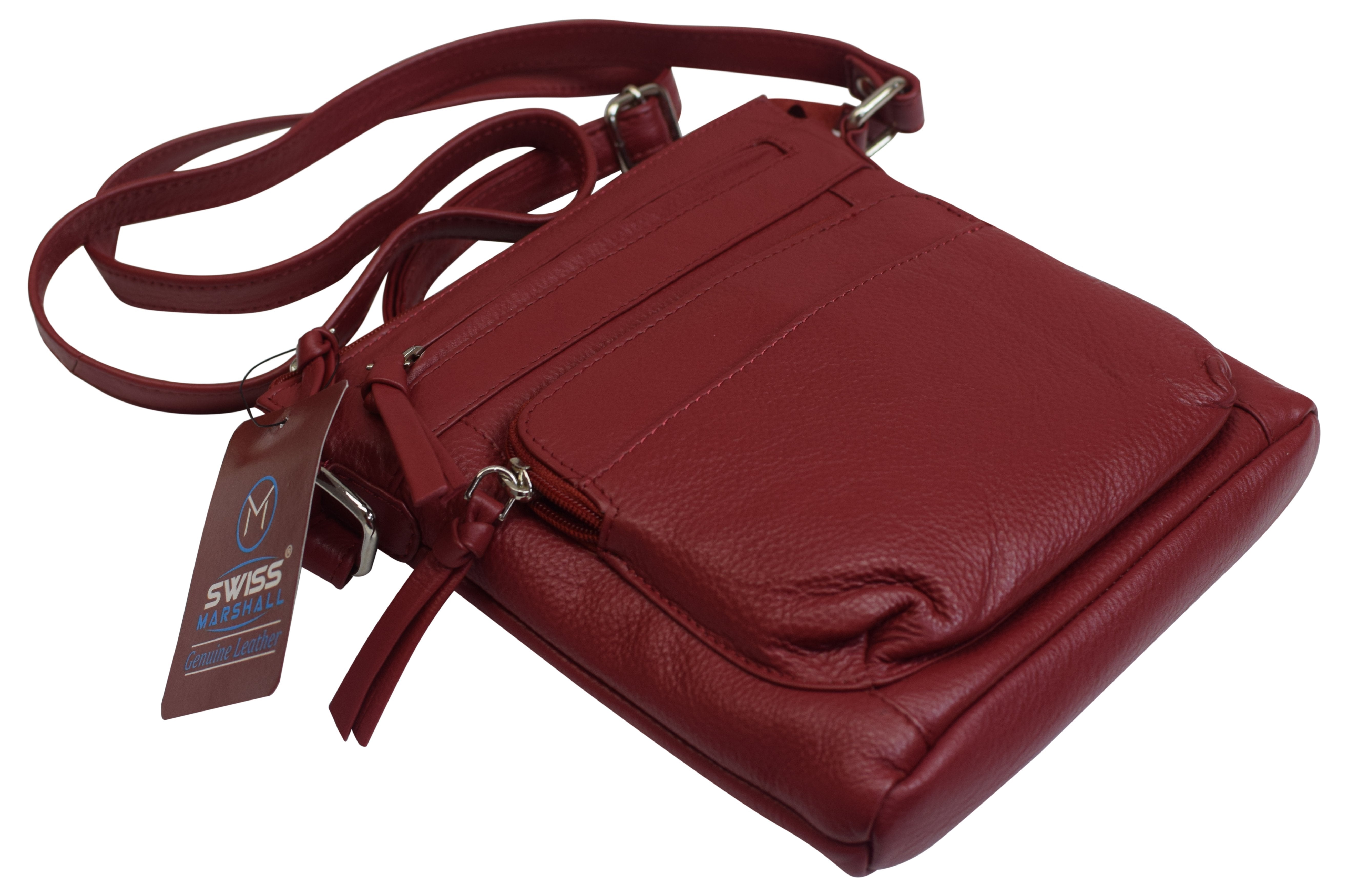 Swiss Marshall Ladies Genuine Leather Multi-Pocket Crossbody Purse Handbag  for Women
